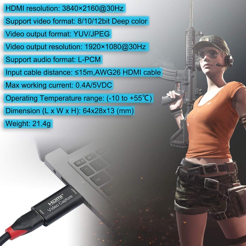 BlueAVS HDMI to USB Video Capture Card 1080P for Live Video Streaming Record via DSLR Camcorder Action Cam - Capture 1080P@30Hz (Metal-Black) - Image 4